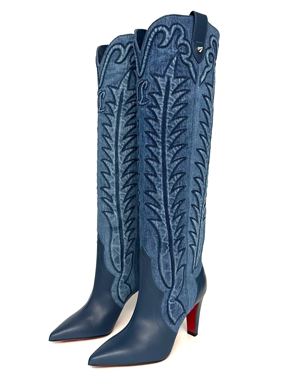 Christian Louboutin Santia 85mm Knee-High Western Boots in Leather and Denim